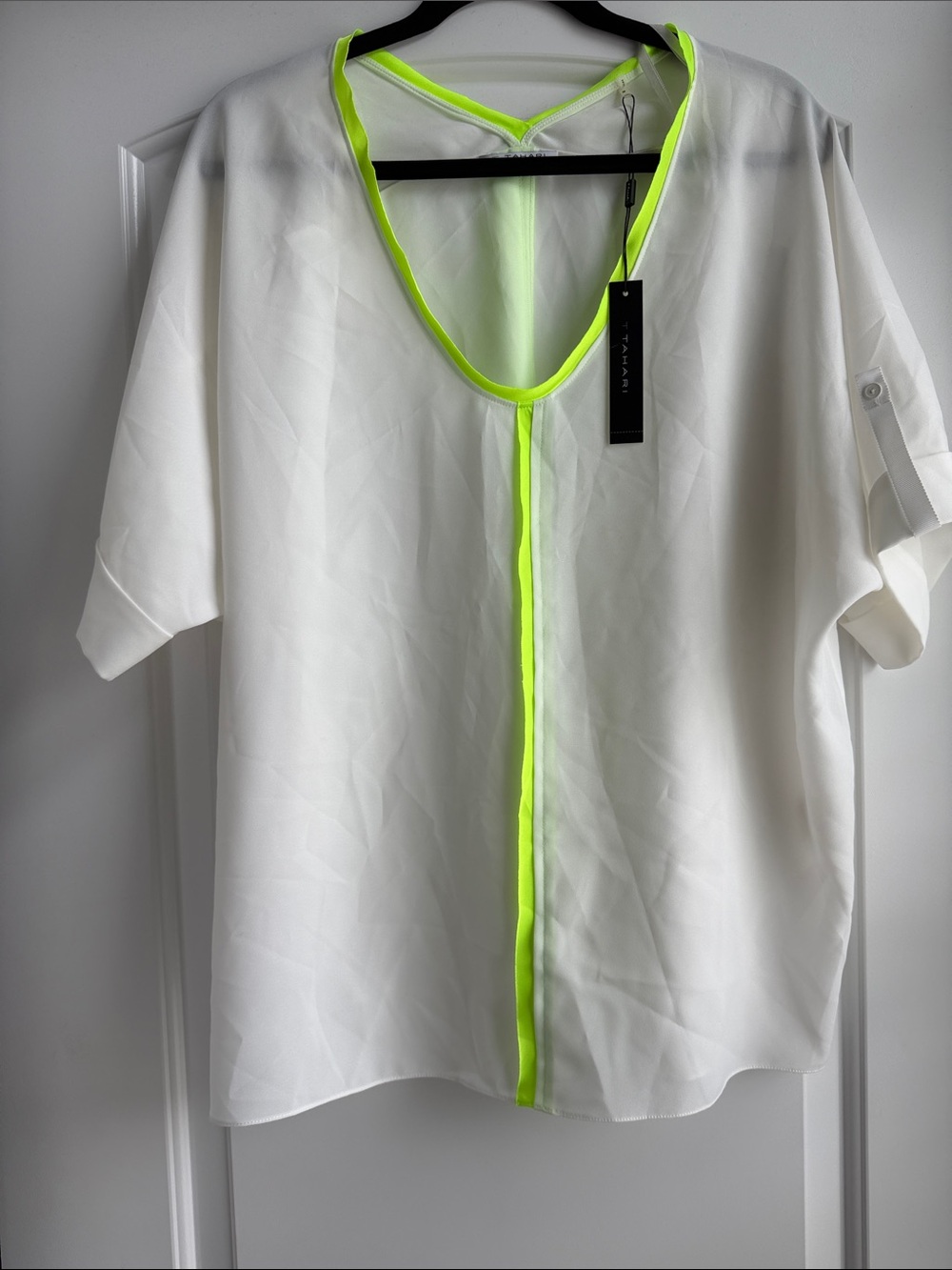 Tahari White Blouse with Neon Yellow Trim